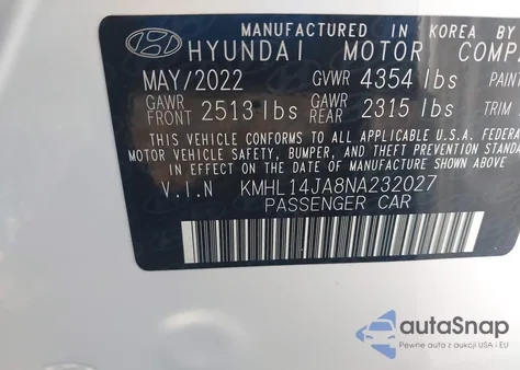 2022 Hyundai Sonata Sel from USA, damaged, VIN KMHL14JA8NA232027